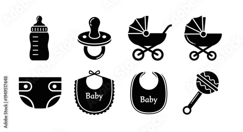 Baby Icons Set: Bottle, Pacifier, Stroller, Diaper, Bib, Rattle - Black and White Silhouette