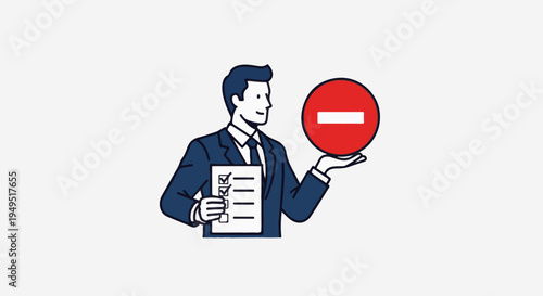 Businessman holding a checklist and a stop sign.