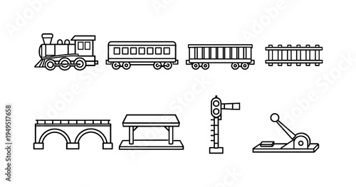 Miniature model train collection: locomotive engine, passenger car, cargo car, track section, bridge, station platform, signal post, switch lever