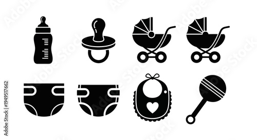 Baby Icons Set: Bottle, Pacifier, Stroller, Diaper, Bib, Rattle - Black and White Vector Graphics