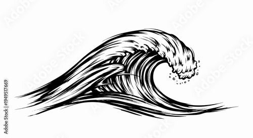 Dynamic HandDrawn Ocean Wave Illustration in Black and White.