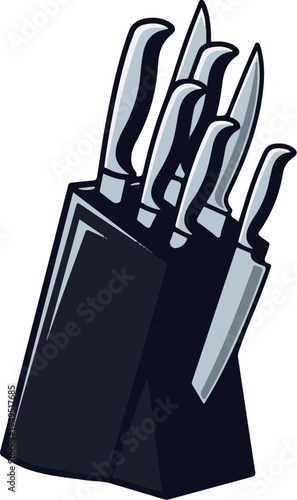 Sharp Kitchen Knives Set in a Dark Wooden Block.