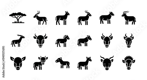African Wildlife Silhouette Icons: Animals and Acacia Tree Set