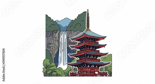 Traditional Japanese Pagoda with Waterfall and Lush Greenery.