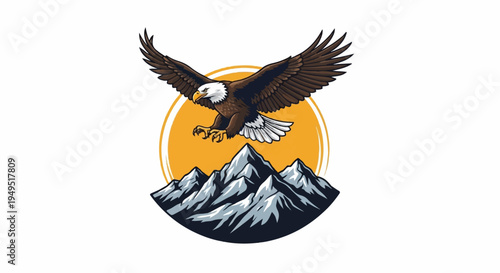 Majestic Bald Eagle Soaring Over SnowCapped Mountains at Sunset.