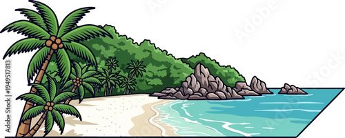Tropical Island Paradise with Palm Trees Sandy Beach and Rocky Coastline.
