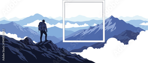 Hiker standing on mountain peak looking at vast mountain range adventure and exploration.