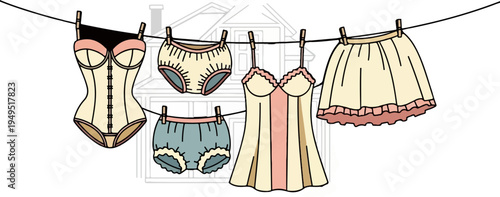 Lingerie and undergarments hanging on a clothesline vintage style illustration.