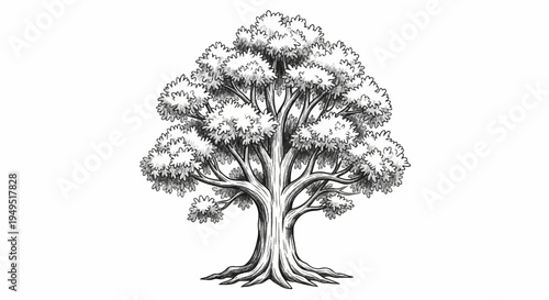 Detailed HandDrawn Sketch of a Mature Deciduous Tree with Lush Foliage and Visible Roots.