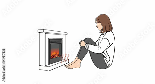 Woman warming herself by a cozy fireplace.