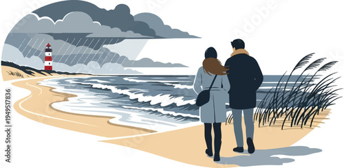 Couple walking on a beach with a lighthouse in the distance.