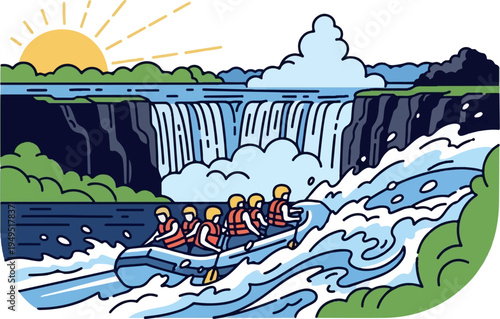 Group of people whitewater rafting in a river.