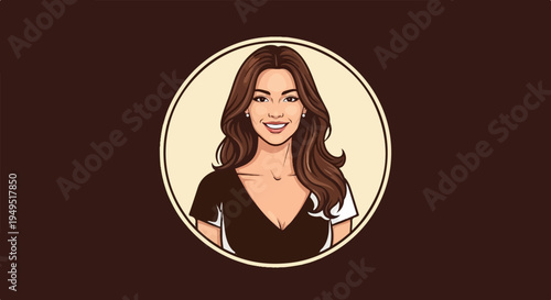 Smiling Woman Avatar with Wavy Brown Hair in a Circle Frame.