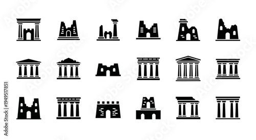 Ancient ruins icons: Greek Roman architecture, historical buildings, archeology, old structures