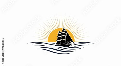 Sailing ship at sunset on the ocean waves logo design.