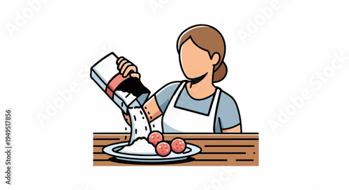 Woman seasoning food with a shaker preparing a meal in the kitchen.