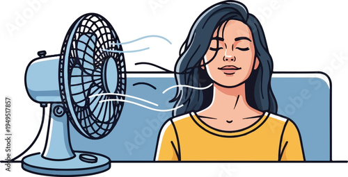 Woman enjoying cool breeze from electric fan on a hot day.
