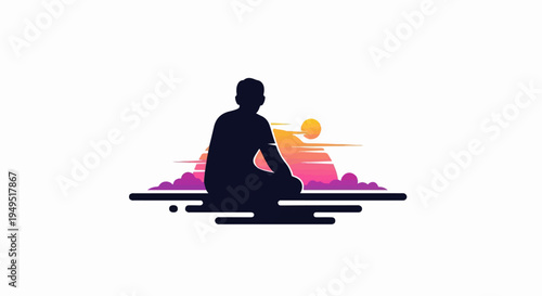 Silhouette of a person meditating in a serene and colorful landscape.