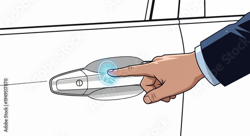 Hand touching car door handle with glowing sensor for keyless entry.