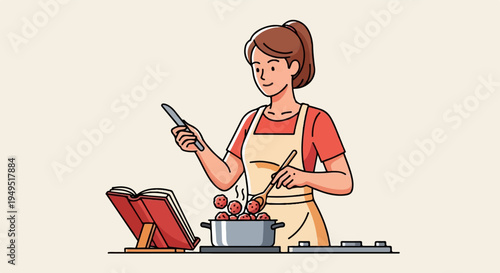 Young woman cooking with a recipe book and stirring food in a pot.