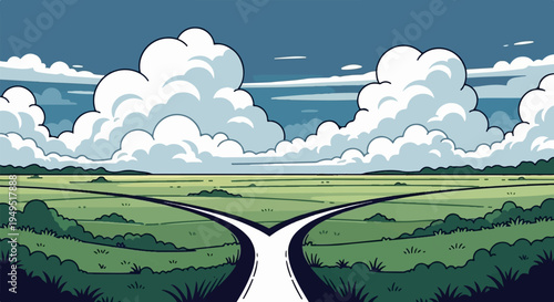 Diverging Paths in a Vast Green Landscape.