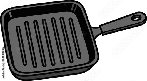 Square black cast iron grill pan with handle for cooking.