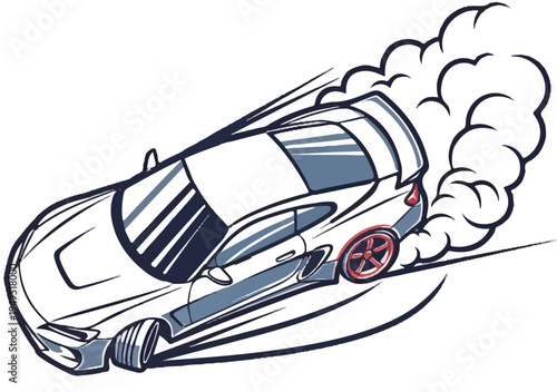 Dynamic white sports car drifting with smoke trail highspeed action.