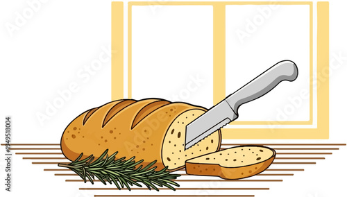 Freshly baked bread loaf being sliced with a knife accompanied by rosemary sprigs.
