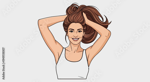 Smiling woman with beautiful long brown hair in a white tank top.