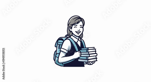 Smiling female student with backpack holding a stack of books.