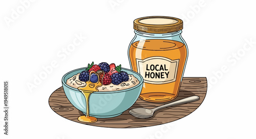 Oatmeal with Berries and Local Honey Jar on Wooden Board.