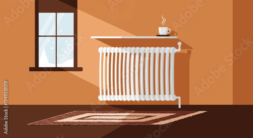 White Radiator with Shelf and Mug in a Warm Room.