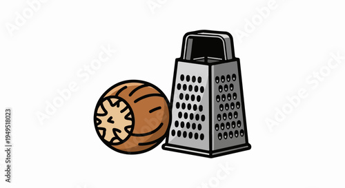 Nutmeg and Grater Illustration on White Background.