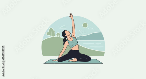 Woman practicing yoga in a serene outdoor setting stretching gracefully.