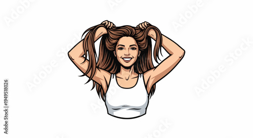 Smiling young woman with long brown hair holding pigtails.