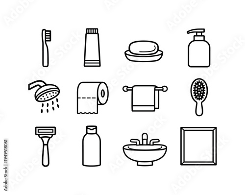 Bathroom hygiene items: toothbrush, toothpaste tube, bar soap, liquid soap dispenser, shower head, toilet paper roll, towel hanging on rack, hair brush, razor, shampoo bottle