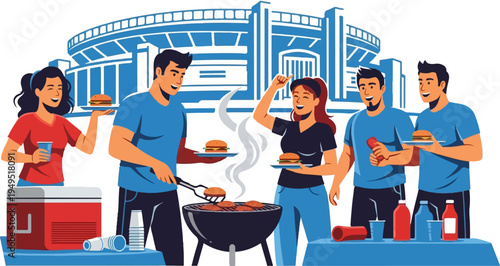 Group of friends enjoying a backyard barbecue with burgers and drinks.