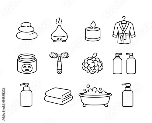 Relaxation and spa self care: spa stones stack, essential oil diffuser, candle, bathrobe hanger, facial mask jar, massage roller tool, bath sponge, shampoo bottle, conditioner