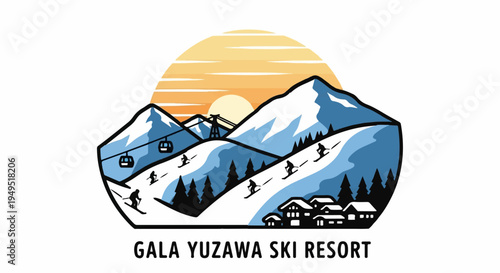 Gala Yuzawa Ski Resort Logo with Mountains and Skiers.
