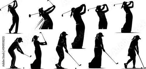Collection of female golfers in various swing poses black silhouettes on white background.