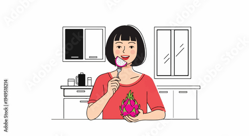 Young woman enjoying a fresh dragon fruit snack.