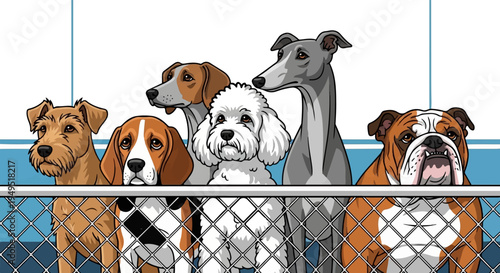 Diverse group of dogs standing behind a fence showcasing various breeds and sizes.