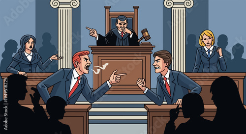 Two lawyers arguing intensely in a courtroom with a judge presiding.