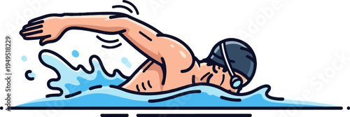 Dynamic Swimmer in Water with Cap and Goggles.