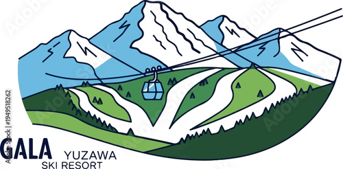 Gala Yuzawa Ski Resort Mountain Landscape with Gondola and Ski Slopes.