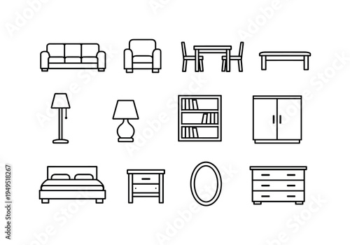 Home interior furniture: sofa couch, armchair, dining table with chairs, coffee table, floor lamp, table lamp, bookshelf, wardrobe cabinet, bed frame, bedside table, wall mirror