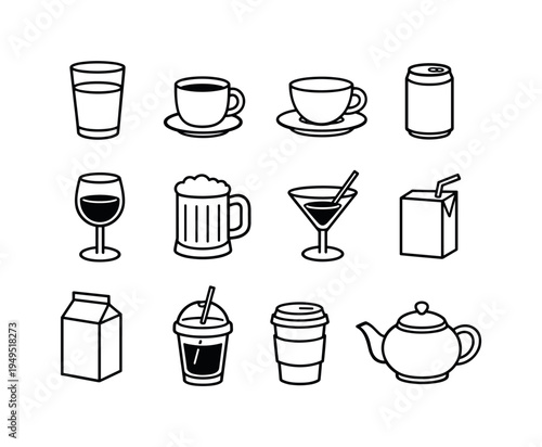 Drink beverages: water glass, coffee cup, tea cup with saucer, soda can, wine glass, beer mug, cocktail glass with straw, juice box with straw, milk carton, smoothie cup with lid