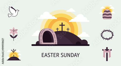 Easter Sunday symbols: empty tomb, crosses, dove, lily, egg, crown of thorns