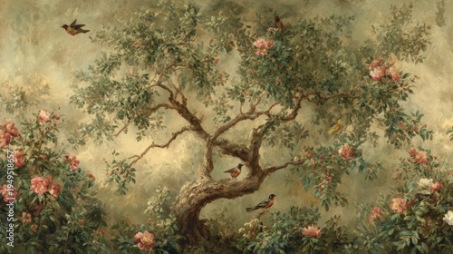 Antique chinoiserie wallpaper mural with a tree and colorful birds in a vintage design