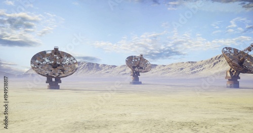Fotografija desert morning with hightech antenna field, clean metallic dishes under pale sky